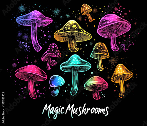 A psychedelic hallucination is vividly portrayed in a vibrant modern illustration, combining magic mushrooms with sacred geometry in a colorful 60s hippie aesthetic
