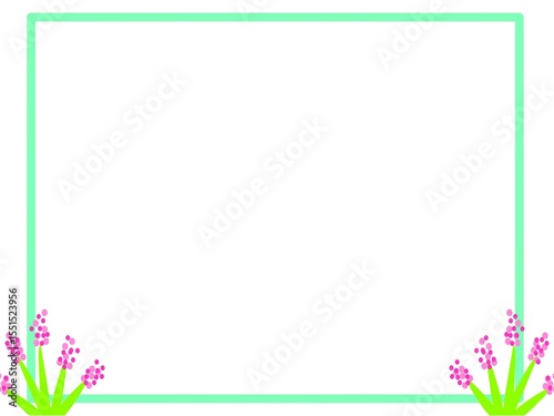 Simple floral frame with light green border and pink flower decorations in the bottom corners. Ideal for invitations, greeting cards, or spring-themed designs.