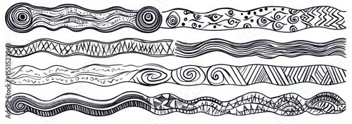 A set of rustic decorative design elements, such as doodle dividers, brush lines, and borders, are complemented by a range of patterns