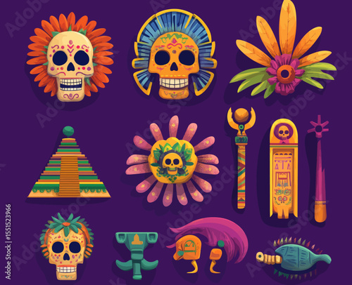 A cartoon flat set of modern Mexican Aztec illustrations incorporates traditional folk ornaments and elements of the Day of the Dead party in Mexico, featuring dancing Mexicans with guitars and