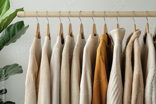 Wardrobe stylist selecting outfit from rack on white background, neutral-toned clothes hang neatly, thoughtful fashion choice in clean composition