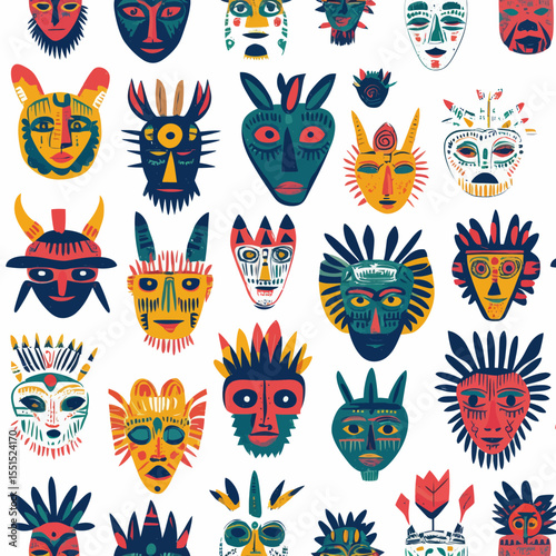 A modern flat illustration presents a seamless pattern of ethnic tribal masks with a humorous tone, isolated on white and showcasing ancient African bright colorful ritual symbols or trinkets