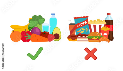 Healthy vs unhealthy food  in flat design vector illustration. Eat healthily. Avoid Fast food. Junk food versus healthy food.