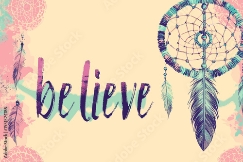 The design features a bohemian arrow, an inspirational quote, and a modern tribal dreamcatcher, all set within a traditional Native American ethnic framework, resulting in a unique indian boho