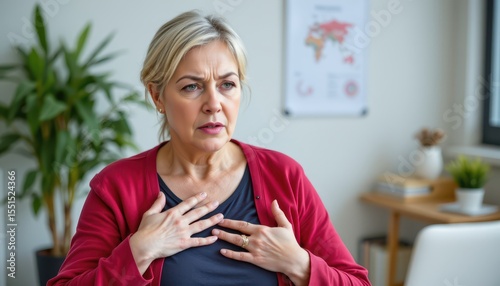 middle aged woman with tense expression holding upper chest showing symptoms of high blood pressure in clinical indoor setting