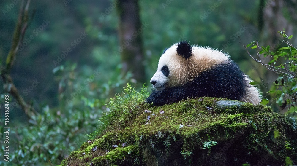 Obraz premium Giant panda resting on moss-covered rock in bamboo forest, soft morning fog, wildlife photography style, f/2.8, natural ambient light --ar 16:9 --v 7.0 --style raw --c 20 --s 20 ﻿