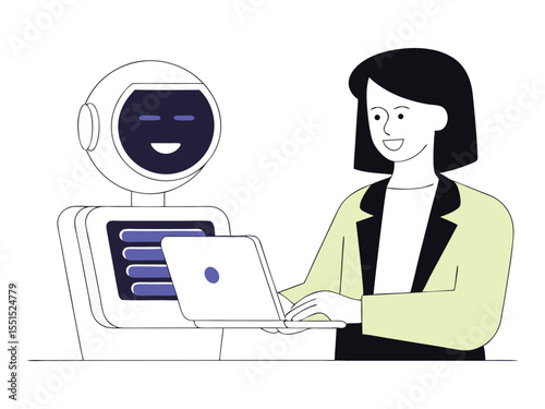 Woman using laptop with friendly robot assistant digital technology