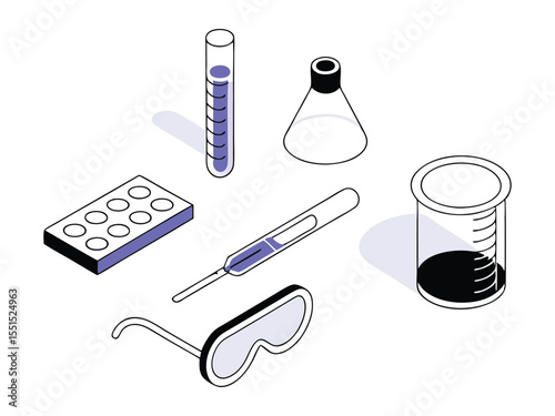 Isometric illustration of laboratory equipment and supplies