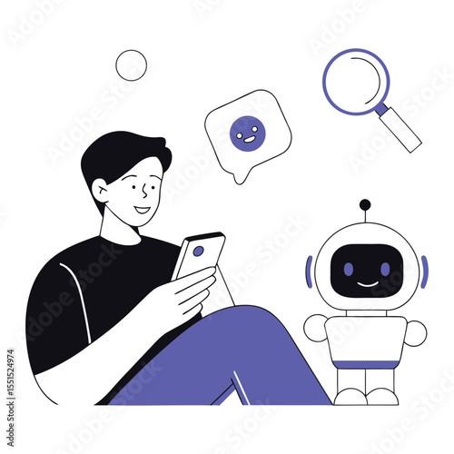 Man using smartphone with friendly robot ai chatbot