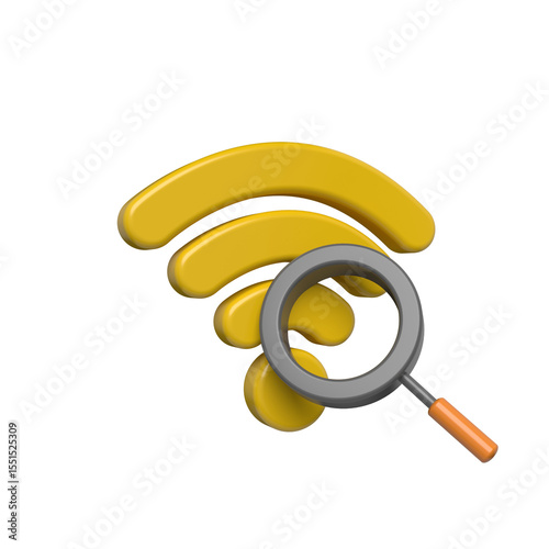 Magnifying glass examining a yellow wifi symbol on a black background