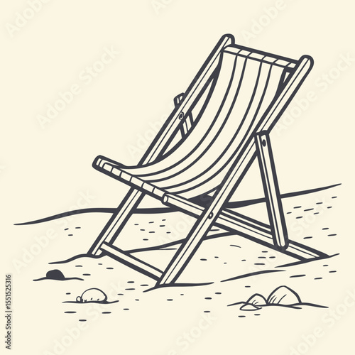 Vector art of a simple line drawing of a striped deck chair on a sandy beach, evoking summer relaxation and vacation vibes