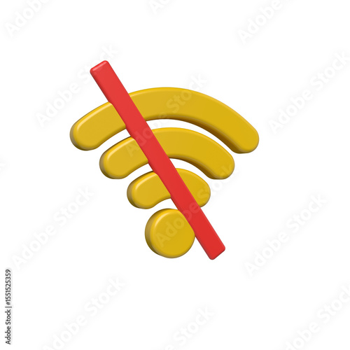 3d rendered yellow wifi symbol with a red diagonal line indicating no signal