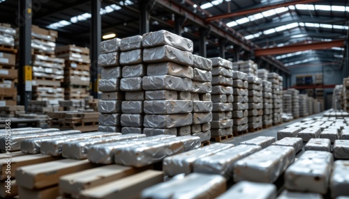 zinc ingots stacked neatly in warehouse under industrial lighting showing metal production logistics and economic supply chain