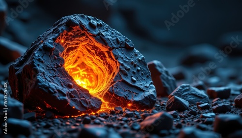 glowing uranium embedded in rock with scientific backdrop and moody lighting capturing the tension between natural beauty and power
