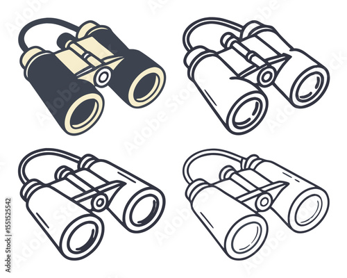 Vector art of set of four binoculars in different styles and colors, isolated on a white background