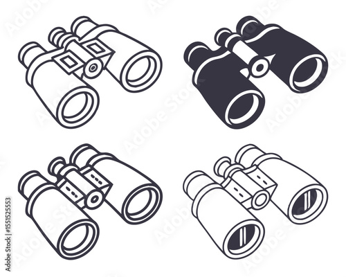 Vector art of set of four binoculars, two in black and two in white, isolated on a white background