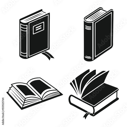 Vector art of set of four stylized black and white icons representing books, including open and closed volumes, isolated on a white background