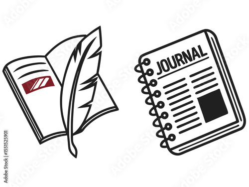 Vector art of open book with a quill pen and a journal notebook, isolated on white background