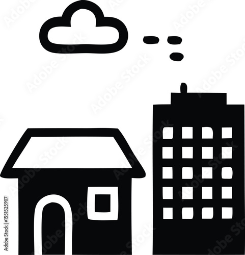 Simple black and white illustration of a house and a tall building under a cloudy sky with abstract shapes