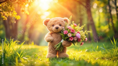 Adorable bear happily holding a pink flower bouquet in its paws, surrounded by lush greenery, with a warm sunny background