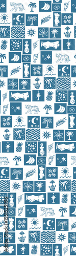 Hand drawn exotic summer vibe retro doodle style,vector,motifs,aztec style, seamless pattern, ancient, palm trees, monochrome, colorful, suitable for 
textile, design, elements, bikini, top