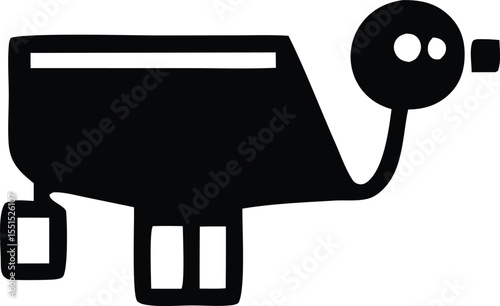 Stylized black silhouette of a cartoonish robot with a large rectangular body a round head with two eyes and a lens and two legs