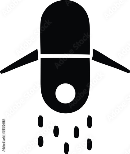 Stylized black silhouette of a capsule or pill with wings and falling particles representing medication or treatment delivery
