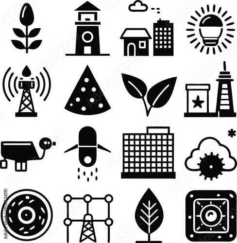 Collection of modern technology and eco friendly icons representing innovation and sustainability in various industries