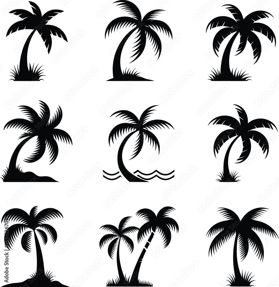 Fototapeta premium black palm tree silhouettes set, tropical palm tree collection with island and beach elements