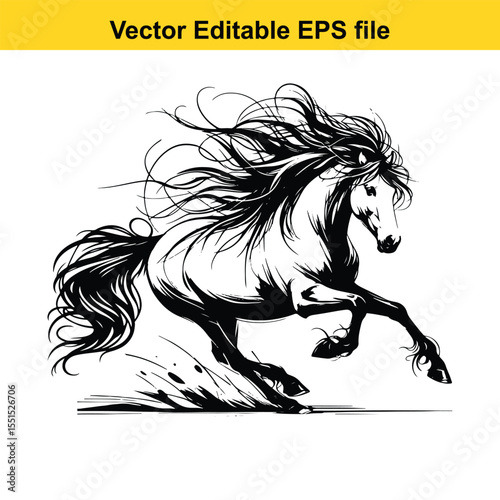 Majestic Horse in Motion A Striking Black and White Illustration of Power and Freedom of a Running Stallion
