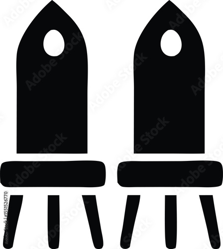 Two minimalist black icons of chairs with rounded tops and oval cutouts isolated on a white background