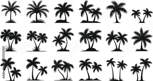 Palm tree silhouettes collection, Tropical island beach vector art design