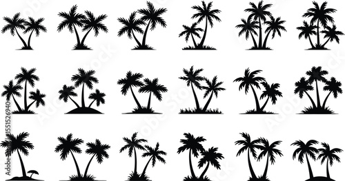 Palm tree silhouettes collection, Tropical island beach vector art design