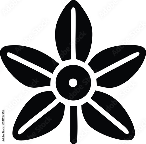 Stylized black five petal flower icon with a central circle and radiating lines on a white background representing nature and simplicity