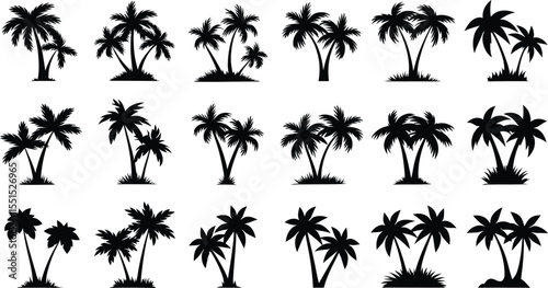 Palm tree silhouettes collection, Tropical island beach vector art design