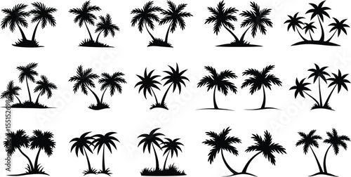Palm tree silhouettes collection, Tropical island beach vector art design