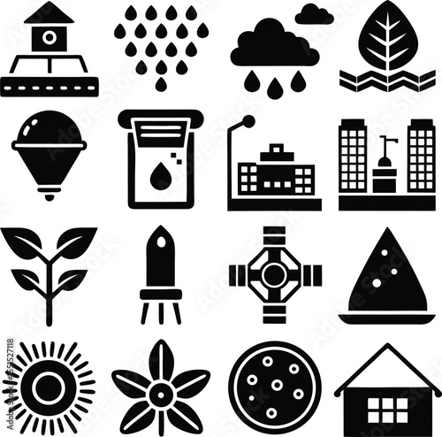 Collection of agricultural and environmental icons including weather plants buildings and irrigation systems for farming and ecological concepts