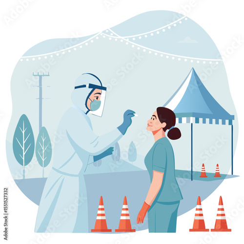 Doctor Performing COVID-19 Nasal Swab Test – Flat Vector for Pandemic Safety and Medical Testing Use