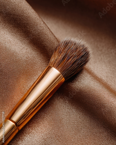 Luxurious closeup of gold makeup brush resting on soft, shimmering velvet fabric, showcasing its fine bristles and elegant design, perfect for beauty enthusiasts