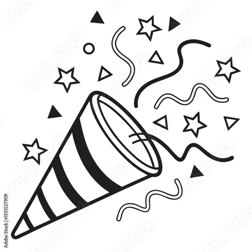 Vector art of party popper exploding with confetti and streamers, isolated on white background