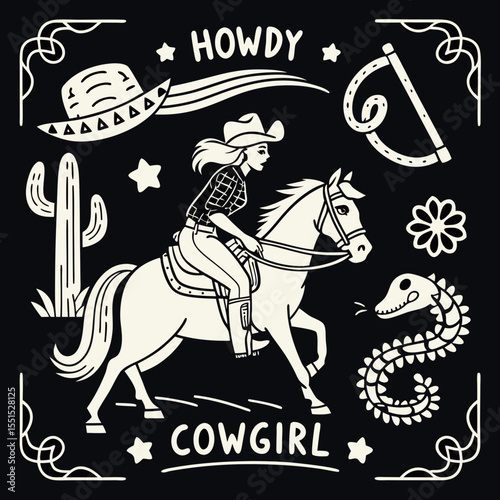 Western vector graphic set featuring cowgirls, horses, cacti, skulls, hats, boots, and 