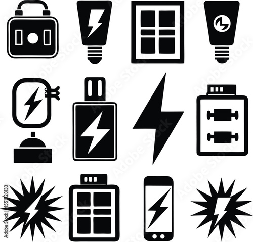 Collection of black and white icons representing electricity power and energy devices with lightning bolt symbols