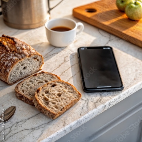 Morning Coffee and Bread. A peaceful breakfast scene with fresh bread, coffee, and a phone on a marble top.