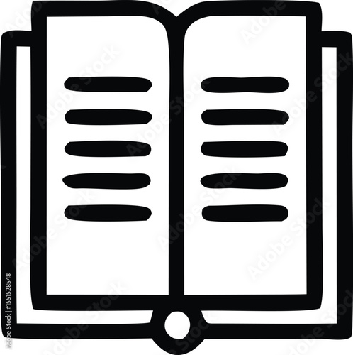 Simple black and white icon of an open book with horizontal lines representing text on its pages suitable for educational or literary themes