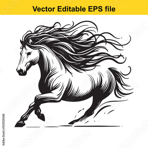 Majestic Horse in Motion A Striking Black and White Illustration of Power and Freedom of a Running Stallion