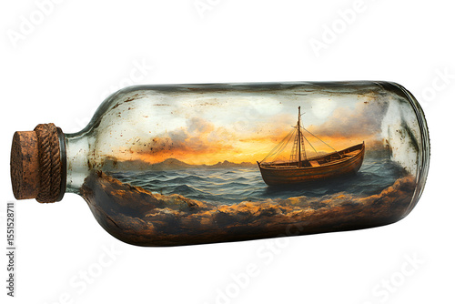 Boat in bottle isolated on white background, sailor's artwork