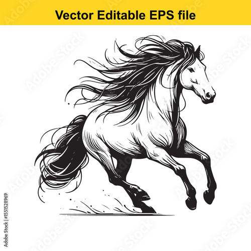 Majestic Horse in Motion A Striking Black and White Illustration of Power and Freedom of a Running Stallion