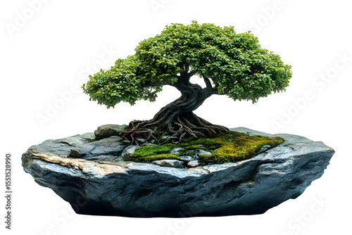 Bonsai World Tree: Miniature Yggdrasil growing in a cracked smartphone, cyber-norse mythology isolated on white background