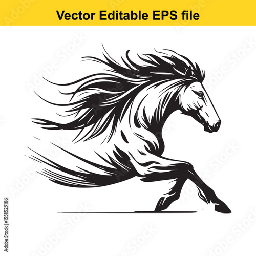 Majestic Horse in Motion A Striking Black and White Illustration of Power and Freedom of a Running Stallion