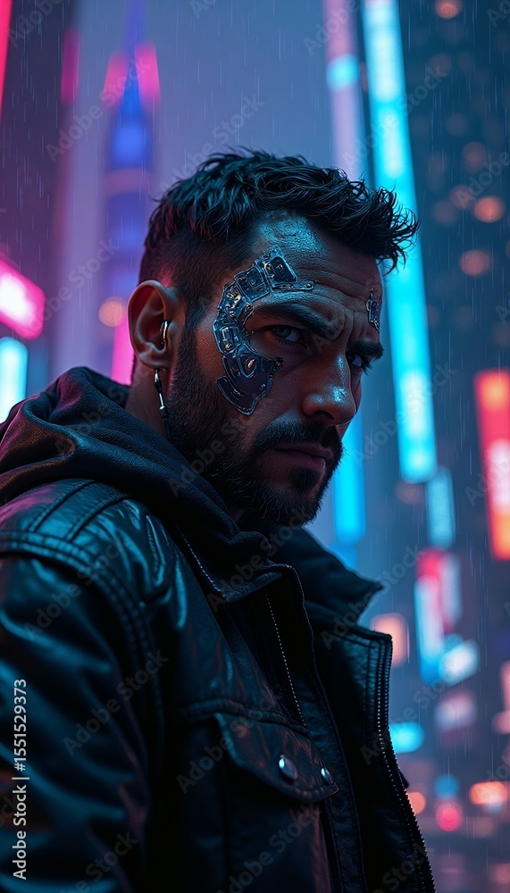 Fototapeta premium Cyberpunk Man in the Rain